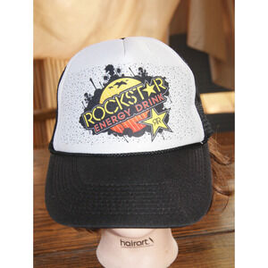 Vintage NOS Rockstar Energy Drink Trucker Snapback Hat Foam Black Mesh Rope